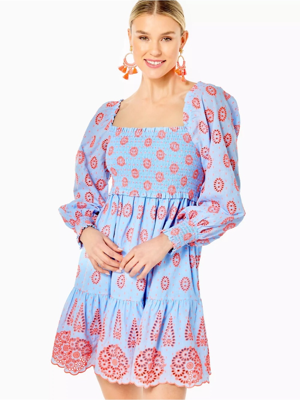 Lilly Pulitzer Rainna Blue Coral Eyelet Smocked Puff Sleeve Mini Dress S